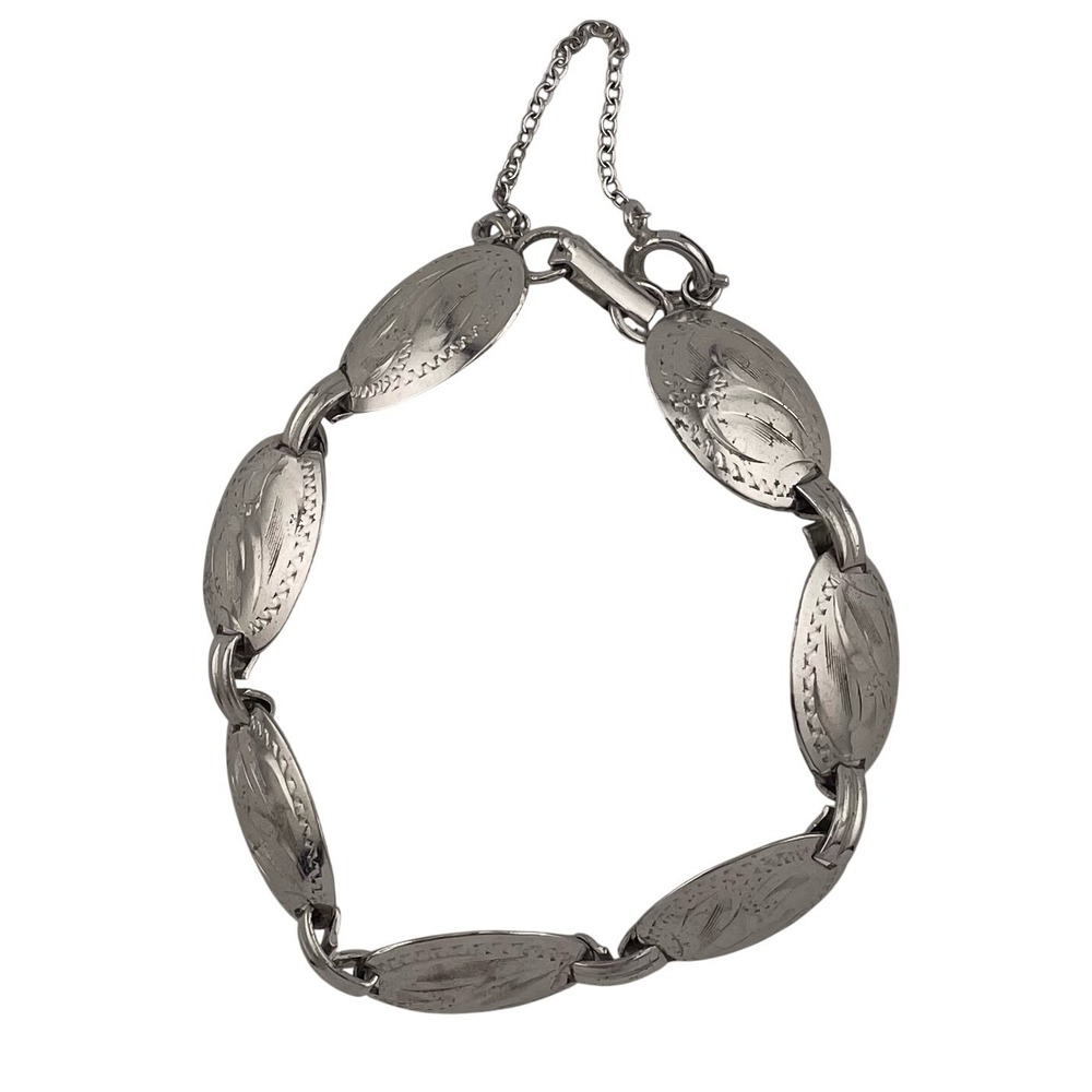 Vintage Bond Boyd Sterling Silver Etched Oval Panel Link Bracelet 7" Mid Century